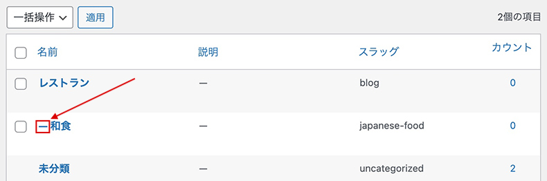 子カテゴリーの前に記号がつく